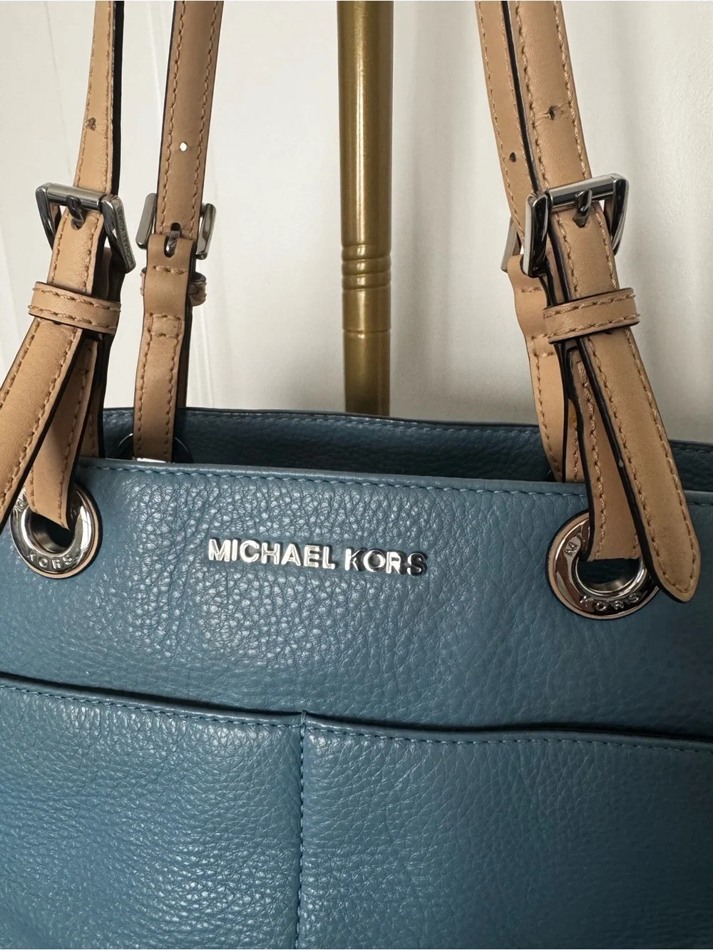 Michael Kors Dusty Blue Leather Tote with Tan Handles